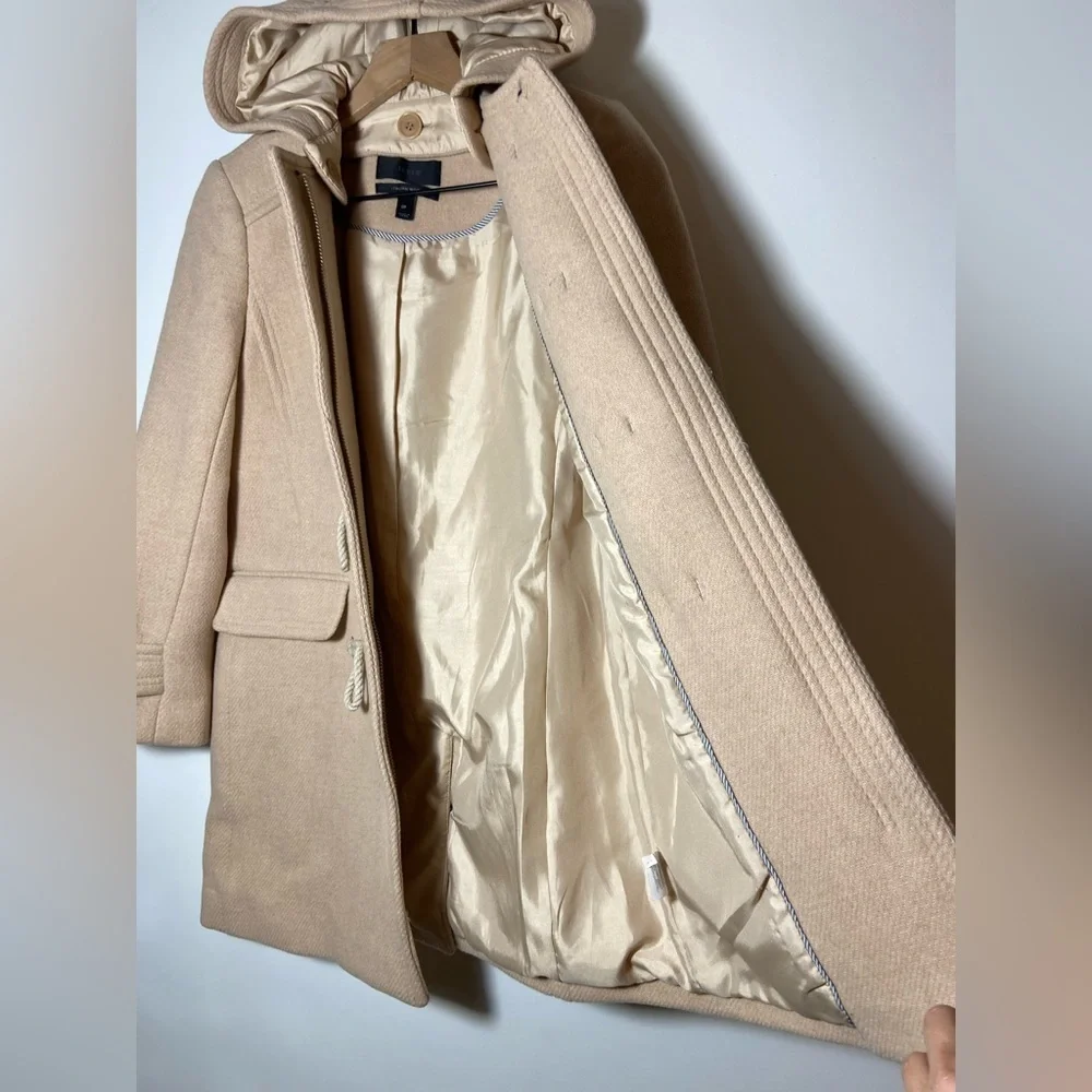 $350-J.Crew the 2007 Italian stadium-cloth wool toggle Hood coat BEIGE Sz 0P - Picture 5 of 9